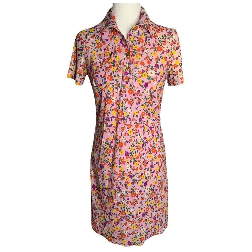 Vintage 70s Shift Shirt Dress S Pink Floral Buttons Chest Pocket Stretch Knit